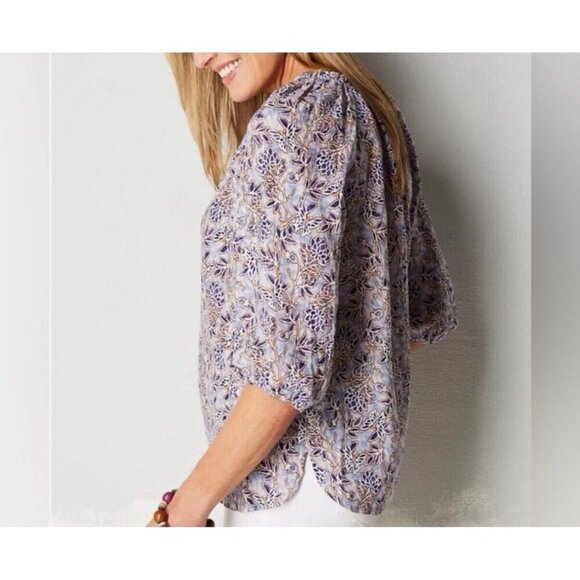 J Jill Linen Tunic Top Womens Medium Purple Floral Peasant Lace look Boho Blouse - Picture 16 of 16